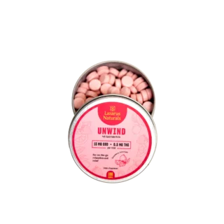 Lazarus Naturals Unwind Mints – Strawberry Lemonade – 15mg CBD + 0.5mg THC per Mint – 100ct Tin