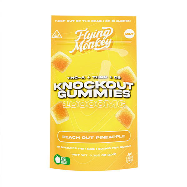 Flying Monkey Knockout Gummies – Peach Out Pineapple flavor – 20ct 10000mg Delta-9 THCA THCP high potency hemp gummies