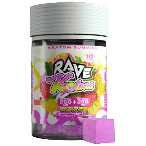 Rave Kratom Boost Targeted Extract Gummies Strawberry Lemonade 10 count jar