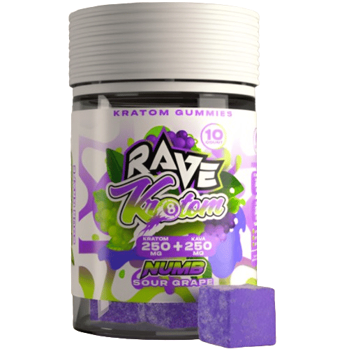 Rave Kratom Numb Targeted Extract Gummies Sour Grape 10 count jar