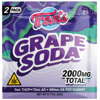 Treats Grape Soda 2-Pack gummies packaging displaying 2000mg total cannabinoids with THCP Delta-9 and Delta-8 THC
