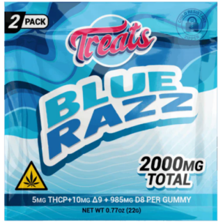 Treats Blue Razz 2-Pack gummies packaging featuring 2000mg total cannabinoids with THCP Delta-9 and Delta-8 THC