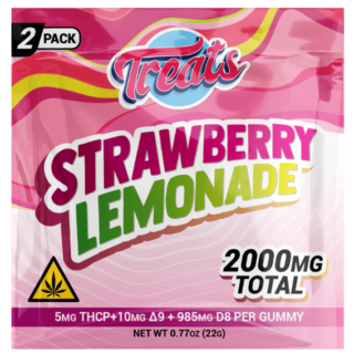 Treats Strawberry Lemonade 2-Pack gummies packaging with 2000mg total cannabinoids THCP Delta-9 and Delta-8 THC