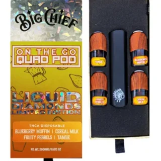 big chief on the go quad pod liquid diamonds thca disposable blueberry muffin cereal milk fruity pebbles tangie