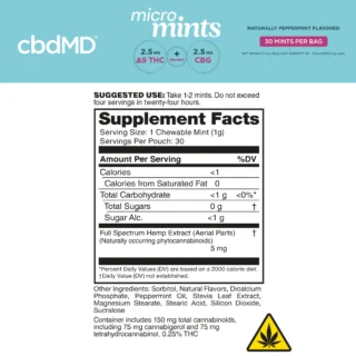 cbdMD Delta 9 THC + CBG Micro Mints Peppermint – 30 Count